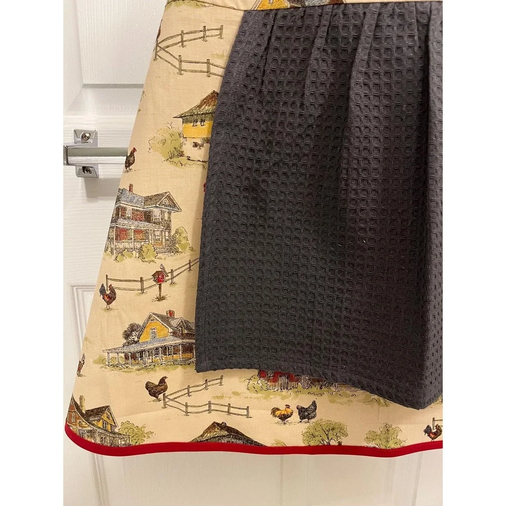 Criss Cross Apron with Farm Scene and Towel Front (Sizes XS-L) Cottagecore Apron